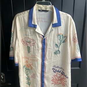 Zara Cream and Blue Graphic Men's Shirt